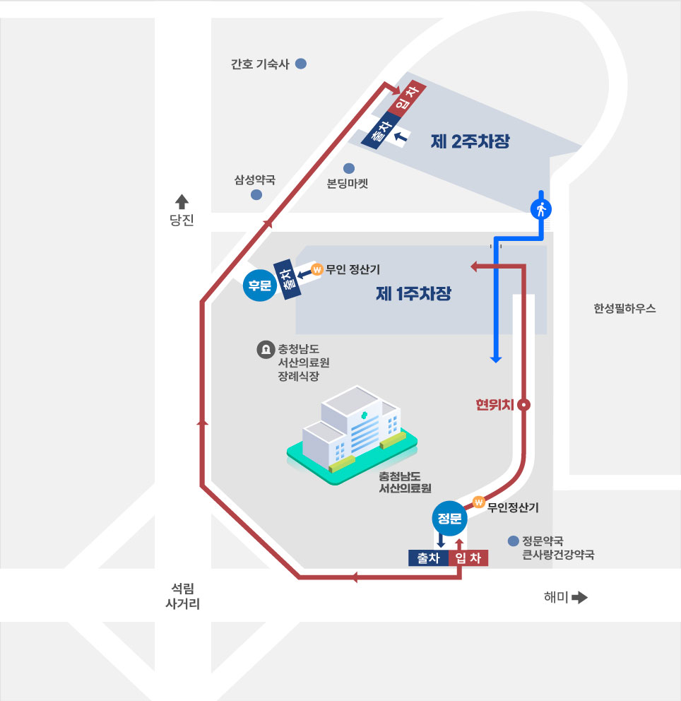 현위치(제1주차장 출입구)에서 중앙로까지 약140m 직진 후 우회전, 석림사거리 서해로 방면 우회전 후 100m 직진, 우회전 골목 진입 후 삼성약국과 본딩마켓 사이 골목길 50m 진입 후 우측에 2주차장 있음