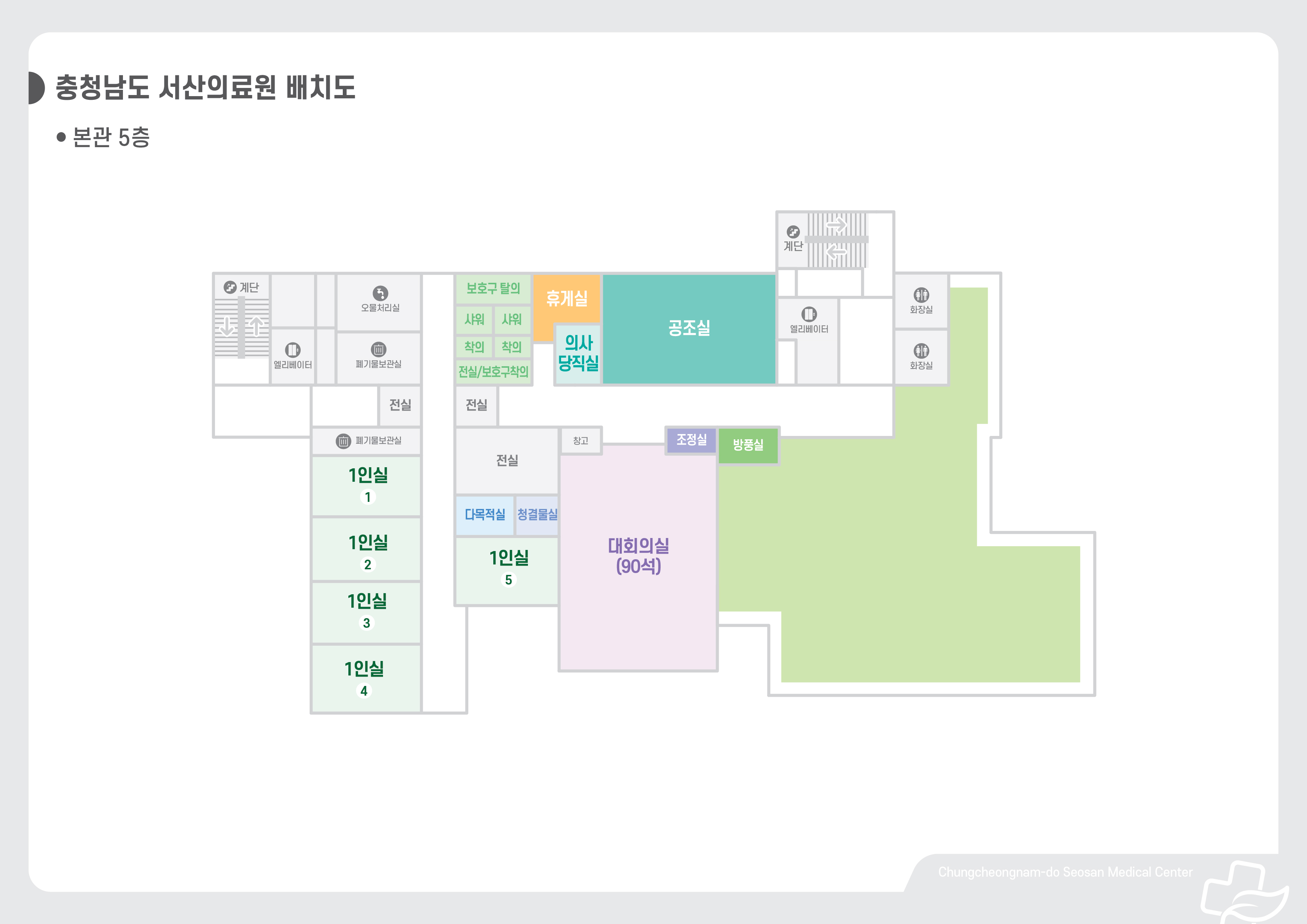 재활복합병동 5층 폐기물처리실, 폐기물보관실, 보호구탈의, 샤워, 착의, 의사실, 보호구착의실, 공조실, 오물처리실, 1인실1, 1인실2, 1인실3, 1인실4, 1인실5, 다목적실, 청결물실, 창고, 방풍실, 대회의실(90석)