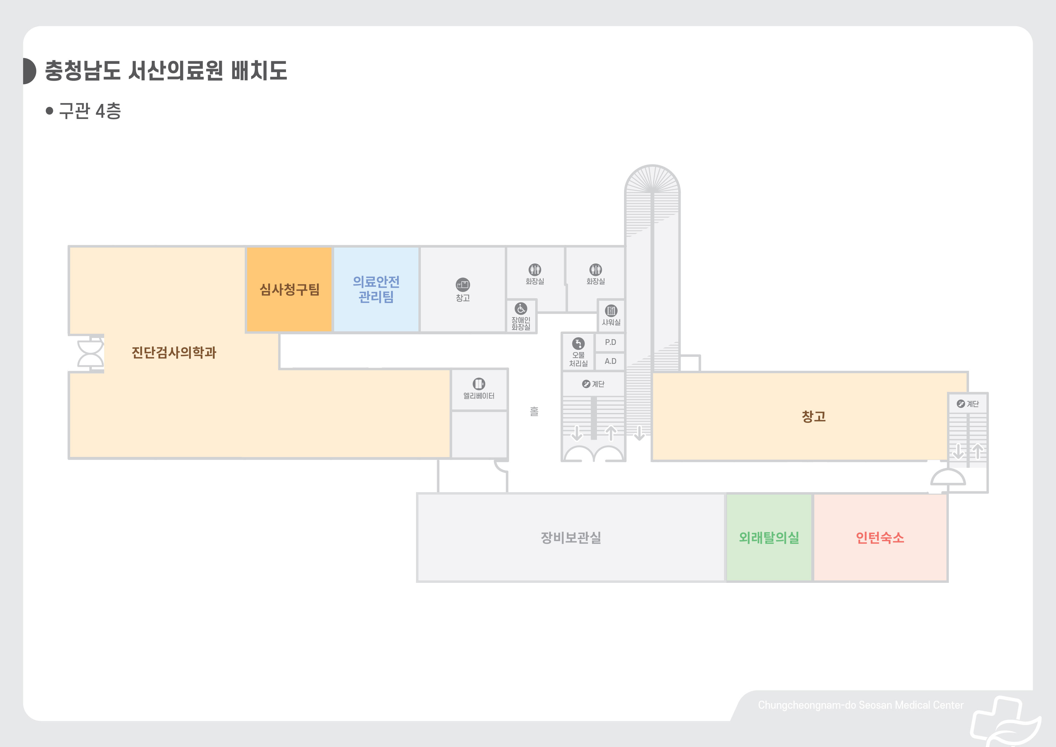 구관 4층-진단검사의학과, 심사청구팀, 의료안전관리팀, 창고, 장비보관실, 외래탈의실, 인턴숙소가 있습니다.