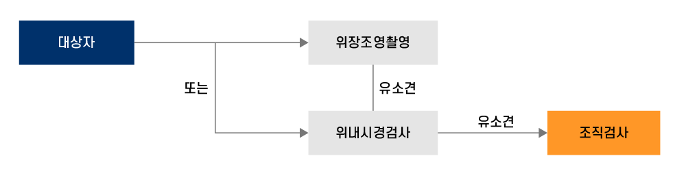 대상자는 위장조영촬영 또는 위내시경검사를 할 수 있으며 위장조촬영을 진행할 경우 유소견이 나오면 위내시경검사 진행을 하고 이후 재차 유소견이 나오면 조직검사를 합니다.