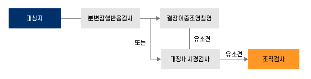 대상자는 분변잠혈반응검사 후 결장이중조영촬영 또는 대장내시경검사를 할 수 있으며 결장이중조영촬영을 진행할 경우 유소견이 나오면 대장내시경검사 진행을 하고 이후 재차 유소견이 나오면 조직검사를 합니다.