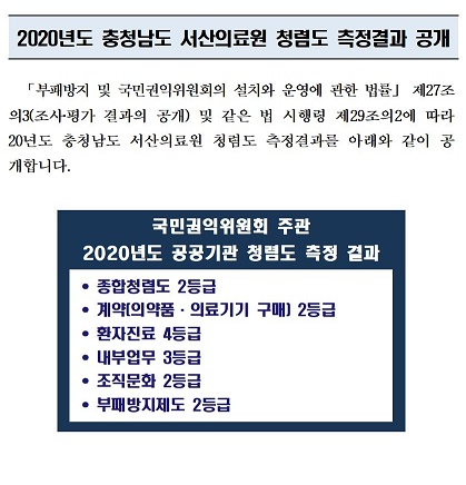2020년도 충청남도 서산의료원 청렴도 측정결과 공개 1