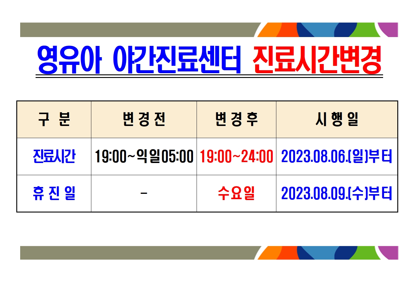 영유아 야간진료센터 진료시간 변경안내 1
