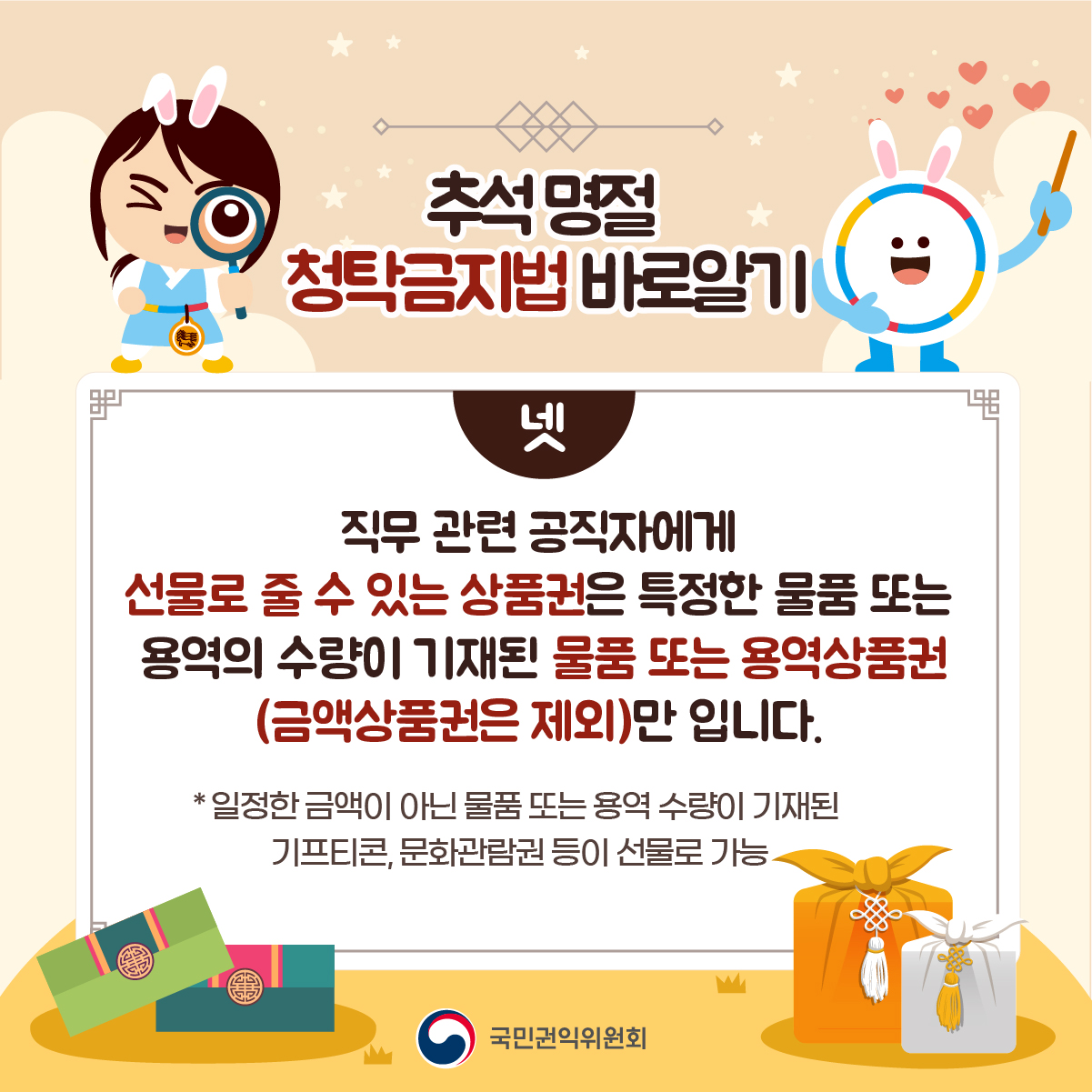 추석명절청탁금지법바로알기 넷 직무 관련 공직자에게 선물로 줄 수 있는 상품권은 특정한 물품 또는 용역의 수량이 기재된 물품 또는 용역상품권(금액상품권은 제외)만 입니다. 일정한 금액이 아닌 물품 또는 용역 수량이 기재된 기프티콘, 문화관람권 등이 선물로 가능